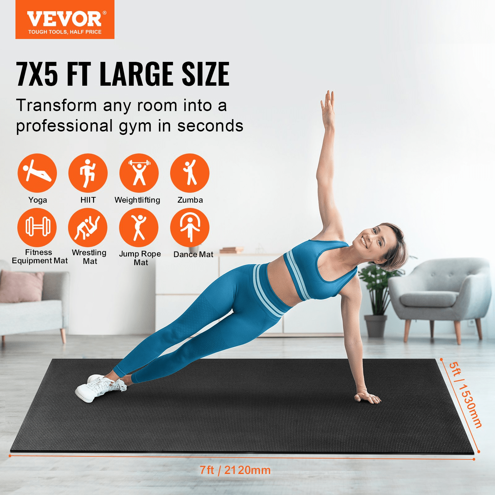 VEVOR Large Exercise Mat 7x5 ft – Non‑Slip Home Gym & Yoga Floor Mat