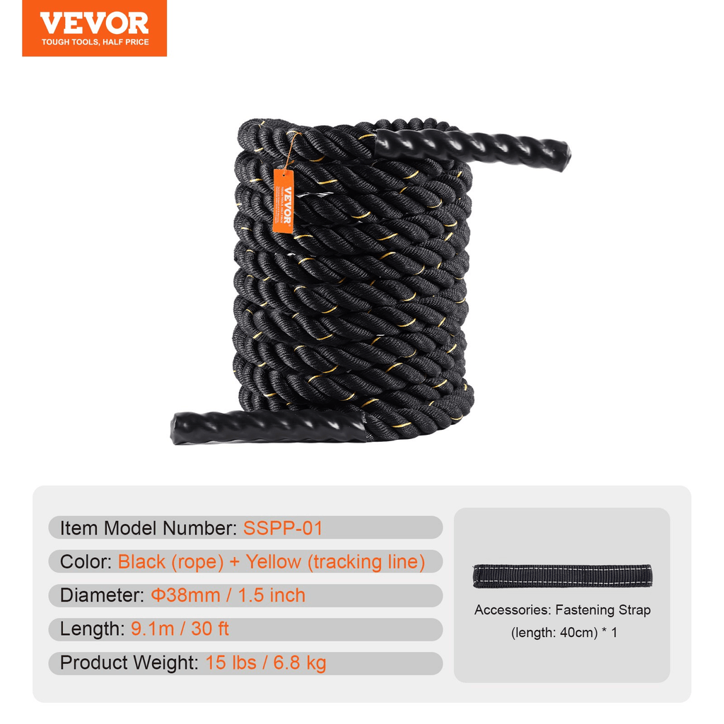VEVOR Premium Battle Rope - 1.5" x 30ft for Home Gym & Strength Training
